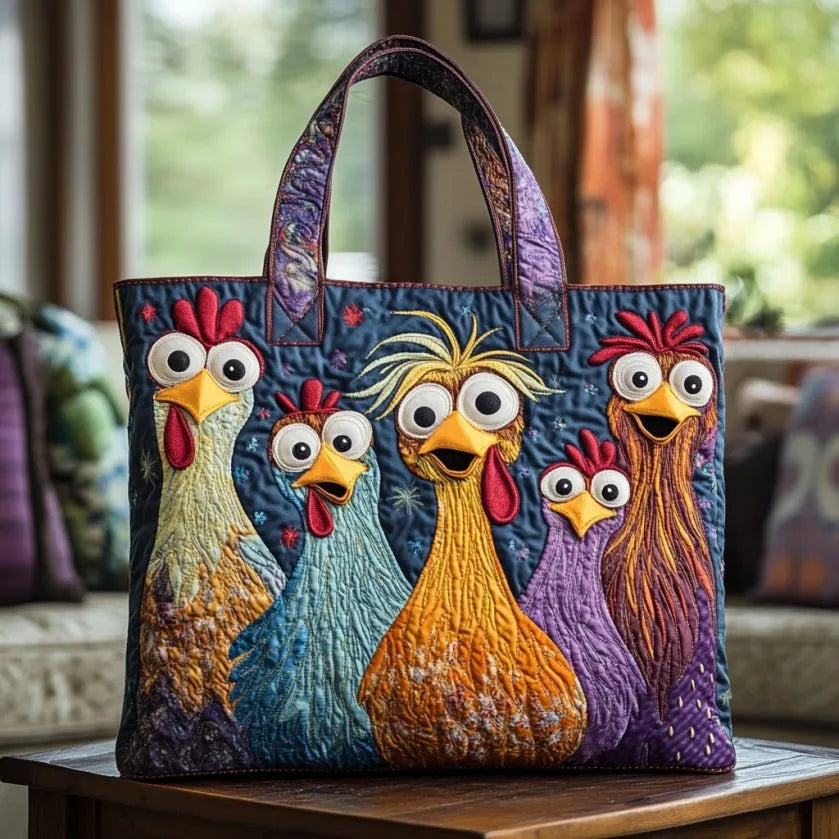 Handgefertigte Tasche mit fünf bunten Hühnern