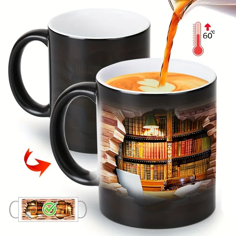 Keramiktasse mit magischem Bücherregal und Temperatureffekt