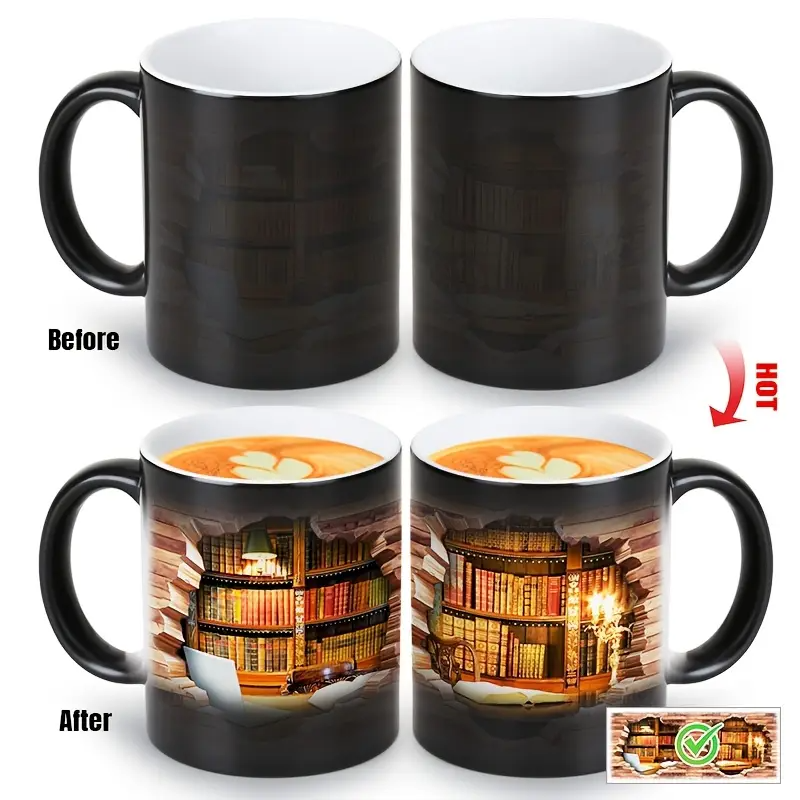 Keramiktasse mit magischem Bücherregal und Temperatureffekt