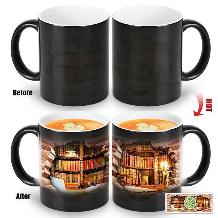 Keramiktasse mit magischem Bücherregal und Temperatureffekt