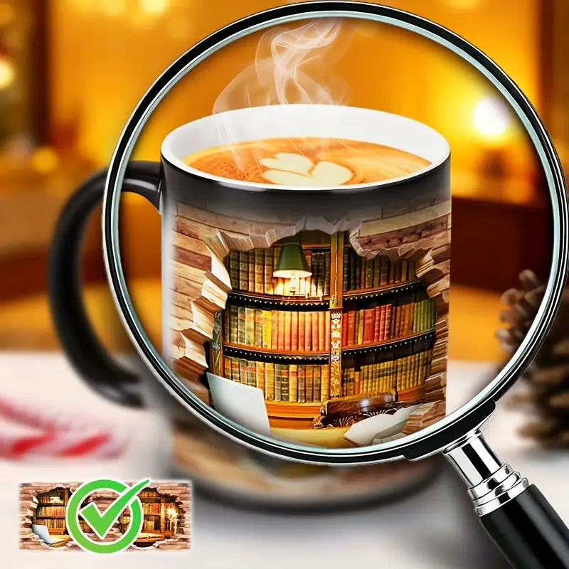 Keramiktasse mit magischem Bücherregal und Temperatureffekt