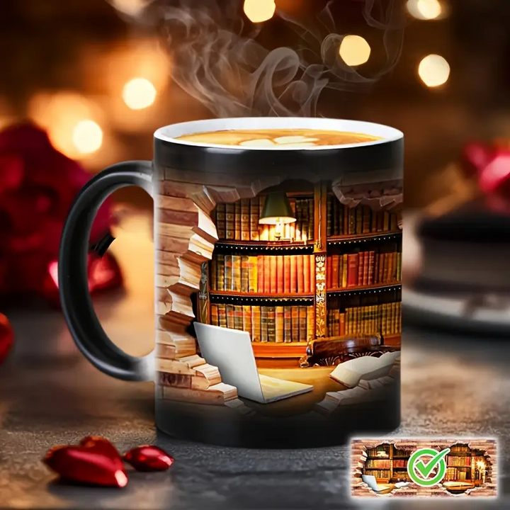 Keramiktasse mit magischem Bücherregal und Temperatureffekt