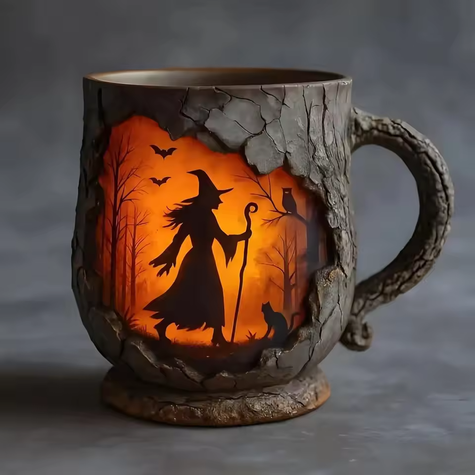 3D Halloween Handgemachte Tasse – mit Hexen- und Katzen-Design