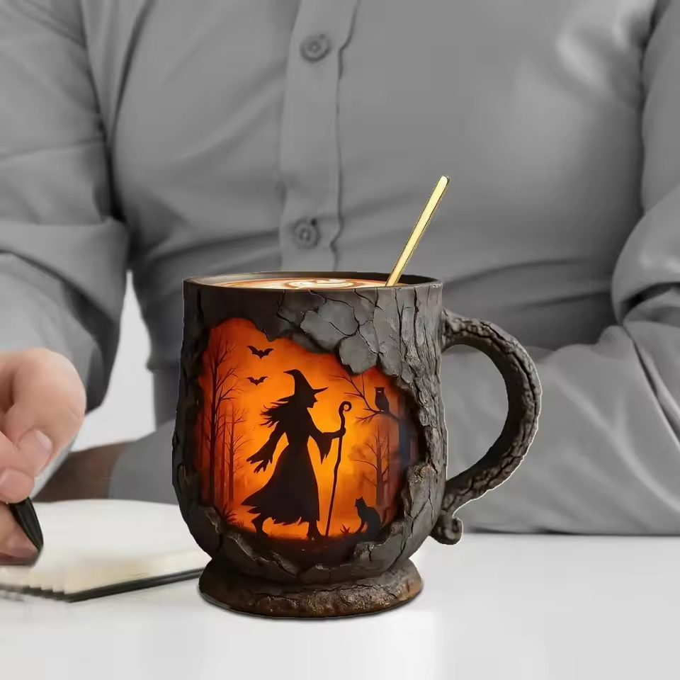3D Halloween Handgemachte Tasse – mit Hexen- und Katzen-Design