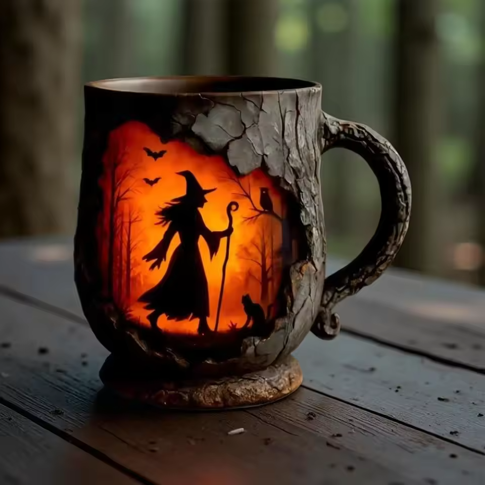 3D Halloween Handgemachte Tasse – mit Hexen- und Katzen-Design