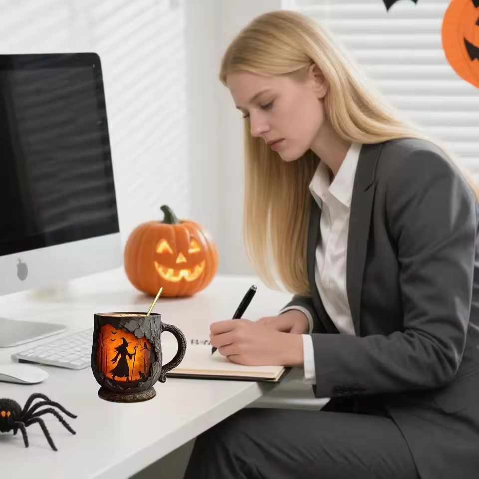 3D Halloween Handgemachte Tasse – mit Hexen- und Katzen-Design