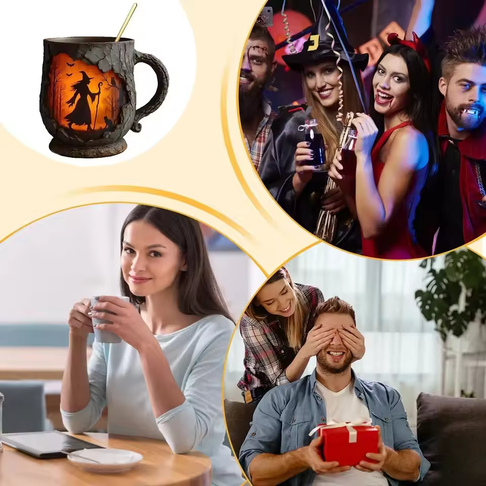 3D Halloween Handgemachte Tasse – mit Hexen- und Katzen-Design