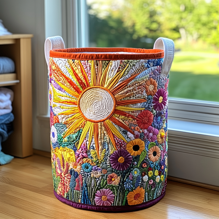 Handgefertigter Wäschekorb | Sonnenblume in Blüte