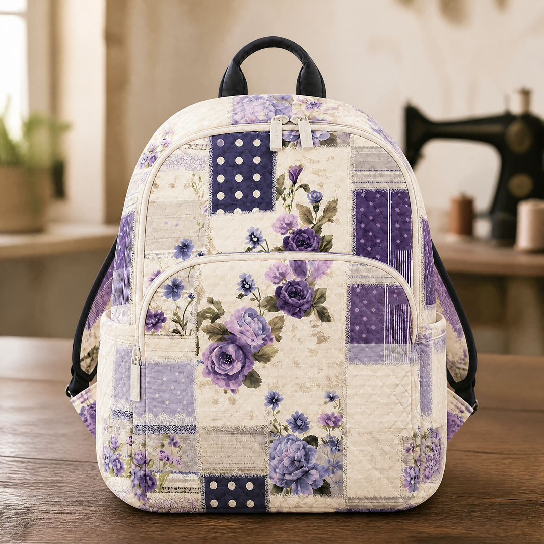 Lila geblümter Patchwork-Stepprucksack