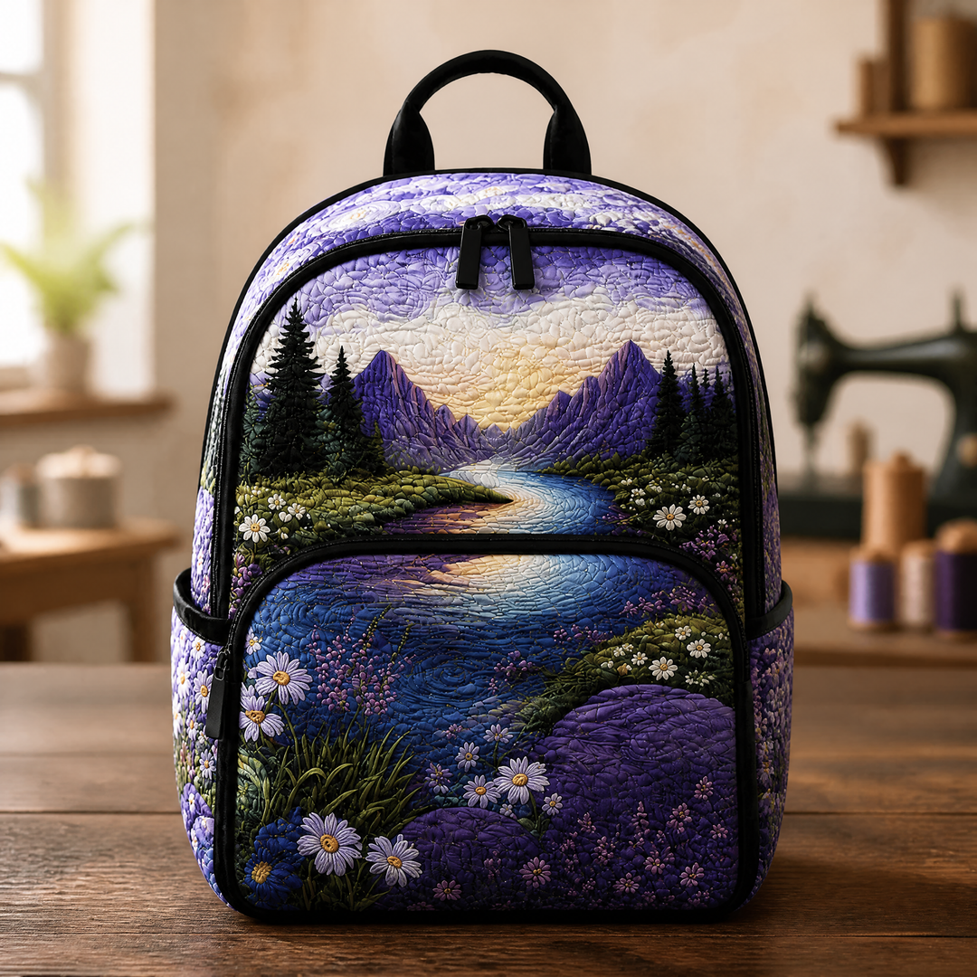Lila gesteppter Rucksack mit Blumen und Bergen